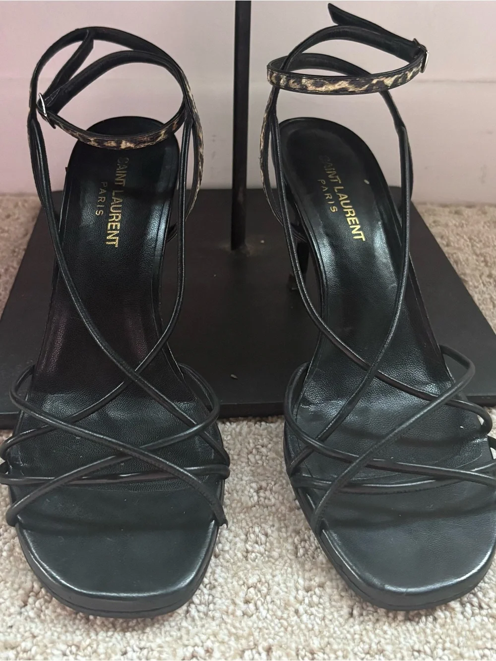 Saint Laurent Black Strappy Heeled Sandals with Leopard Accent Size 39